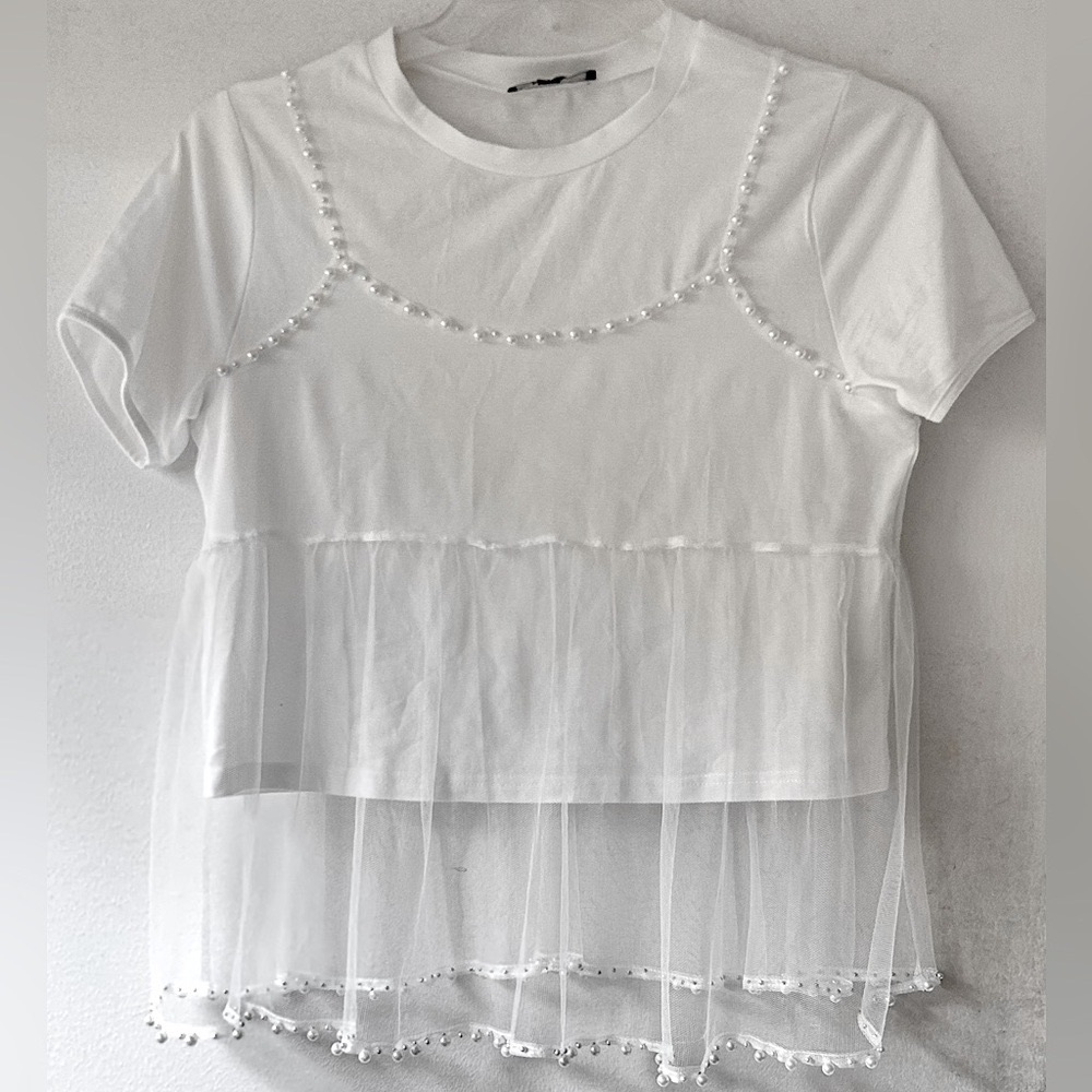 ON 12TH Empire Waist Pearl Beaded Sheer Mesh Overlay Peplum Tee Top T-Shirt Sz M - Picture 2 of 10